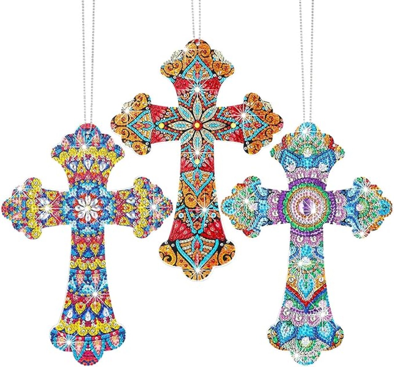 3 Pcs Cross Diamond Art Painting Hanging Kit for Adult DIY 5d Crystal by Number Mandala Cross Rhinestone Pendant Acrylic Mosaic Wall Ornament Gift for Valentine Easter Religious Christians